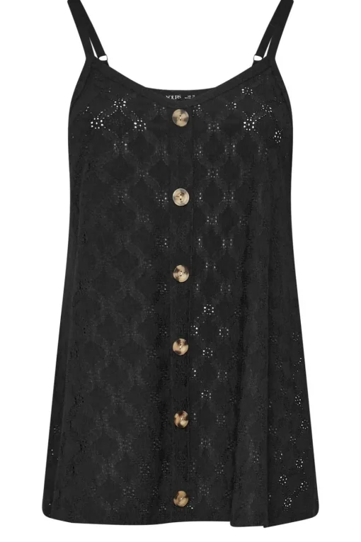 Yours Curve Black Broderie Anglaise Button Vest Top