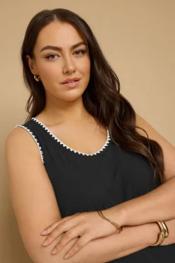 Yours Curve Black Contrast Blanket Stitch Ribbed Vest Top