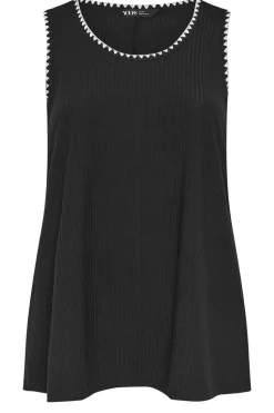 Yours Curve Black Contrast Blanket Stitch Ribbed Vest Top