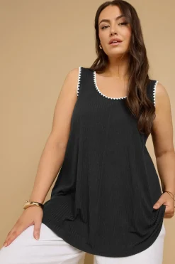 Yours Curve Black Contrast Blanket Stitch Ribbed Vest Top