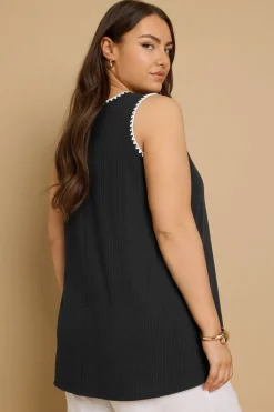 Yours Curve Black Contrast Blanket Stitch Ribbed Vest Top