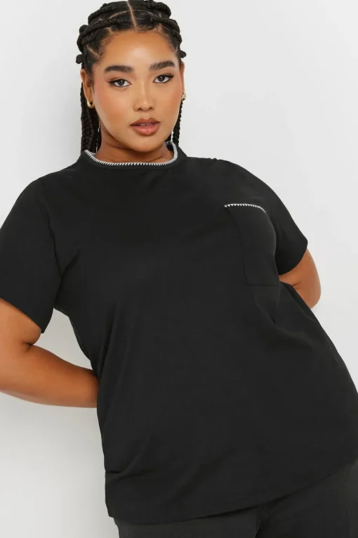 Yours Curve Black Contrast Stitch Pocket Heavyweight T Shirt