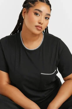 Yours Curve Black Contrast Stitch Pocket Heavyweight T Shirt