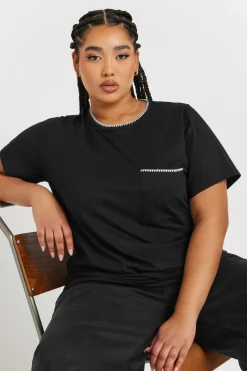Yours Curve Black Contrast Stitch Pocket Heavyweight T Shirt