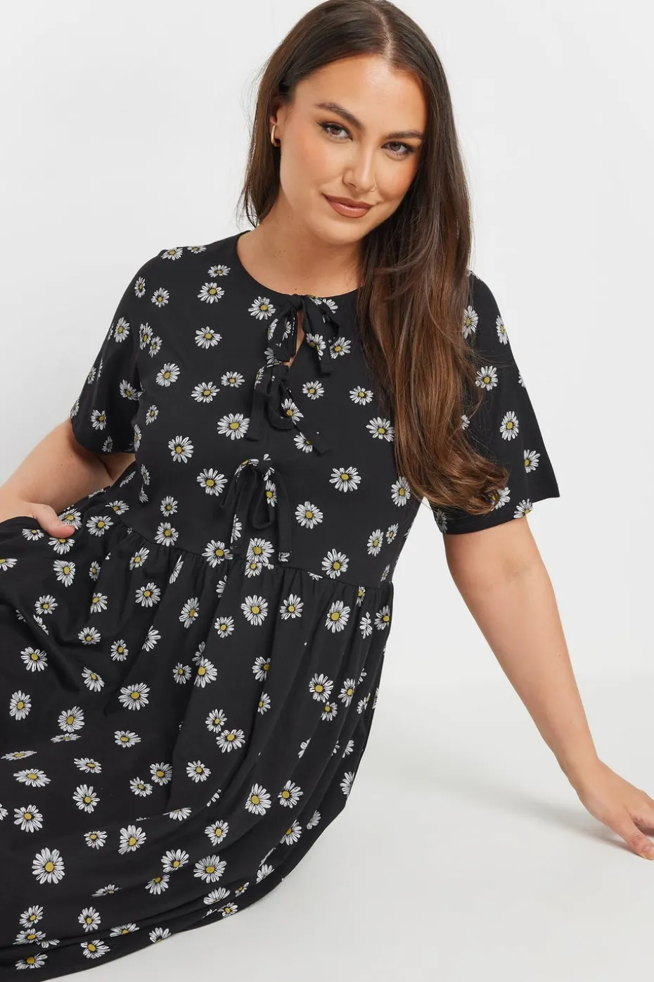Yours Curve Black Daisy Print Bow Tie Front Dress
