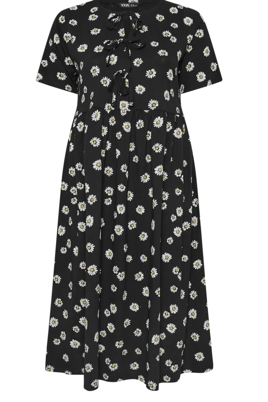 Yours Curve Black Daisy Print Bow Tie Front Dress