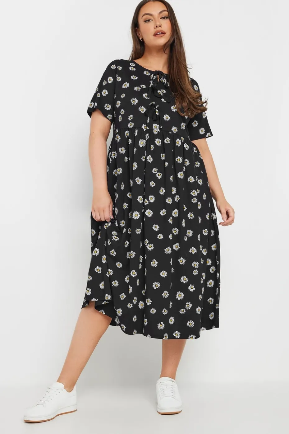 Yours Curve Black Daisy Print Bow Tie Front Dress