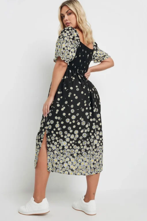 Yours Curve Black Daisy Print Shirred Midi Dress