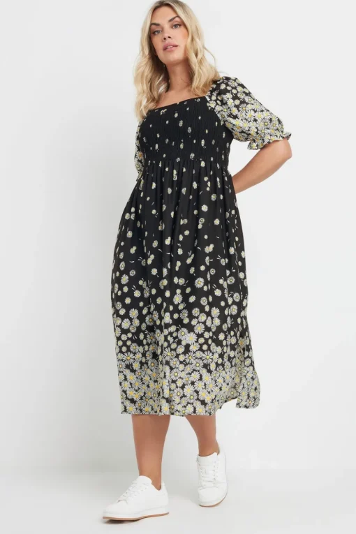 Yours Curve Black Daisy Print Shirred Midi Dress