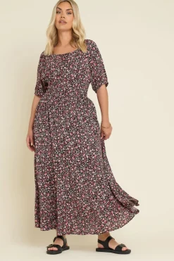 Yours Curve Black Ditsy Floral Print Tie Neck Midaxi Dress