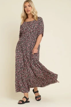 Yours Curve Black Ditsy Floral Print Tie Neck Midaxi Dress
