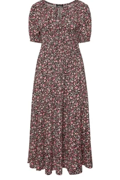Yours Curve Black Ditsy Floral Print Tie Neck Midaxi Dress