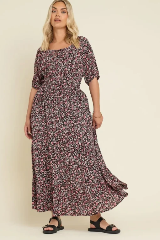 Yours Curve Black Ditsy Floral Print Tie Neck Midaxi Dress