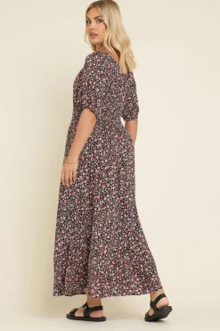 Yours Curve Black Ditsy Floral Print Tie Neck Midaxi Dress