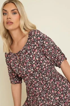 Yours Curve Black Ditsy Floral Print Tie Neck Midaxi Dress