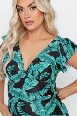 Yours Curve Black Leaf Print Frill Sleeve Swimsuit
