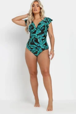 Yours Curve Black Leaf Print Frill Sleeve Swimsuit