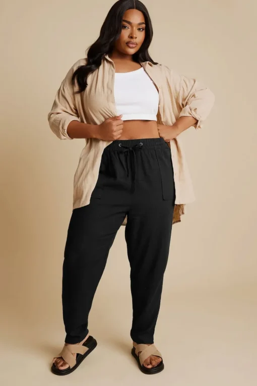 Yours Curve Black Linen Tie Front Joggers