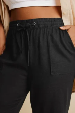 Yours Curve Black Linen Tie Front Joggers