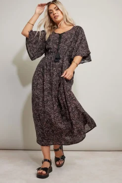 Yours Curve Black Paisley Print Tie Front Maxi Dress