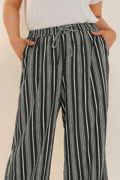 Yours Curve Black Stripe Textured Wide Leg Trousers