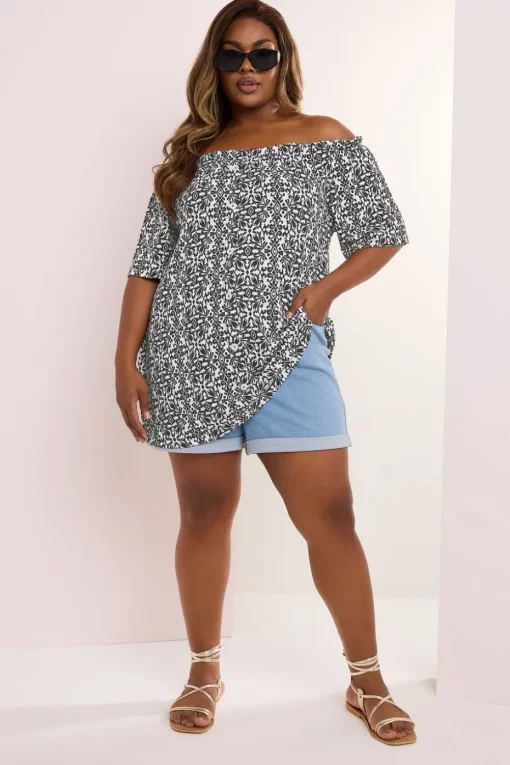 Yours Curve Black Textured Tile Print Bardot Top
