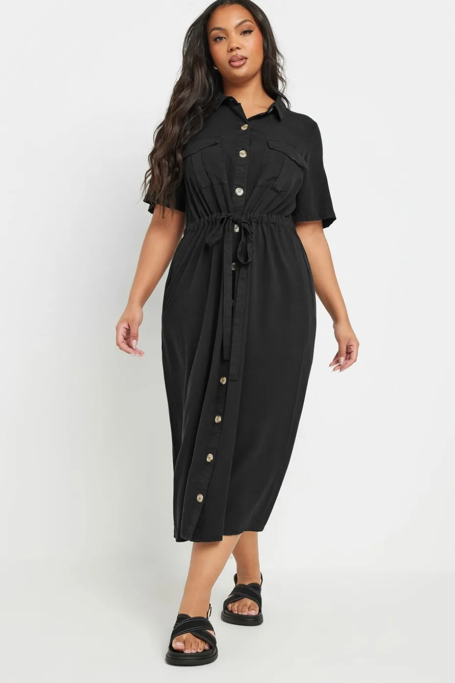 Yours Curve Black Tie Waist Chambray Shirt Dress