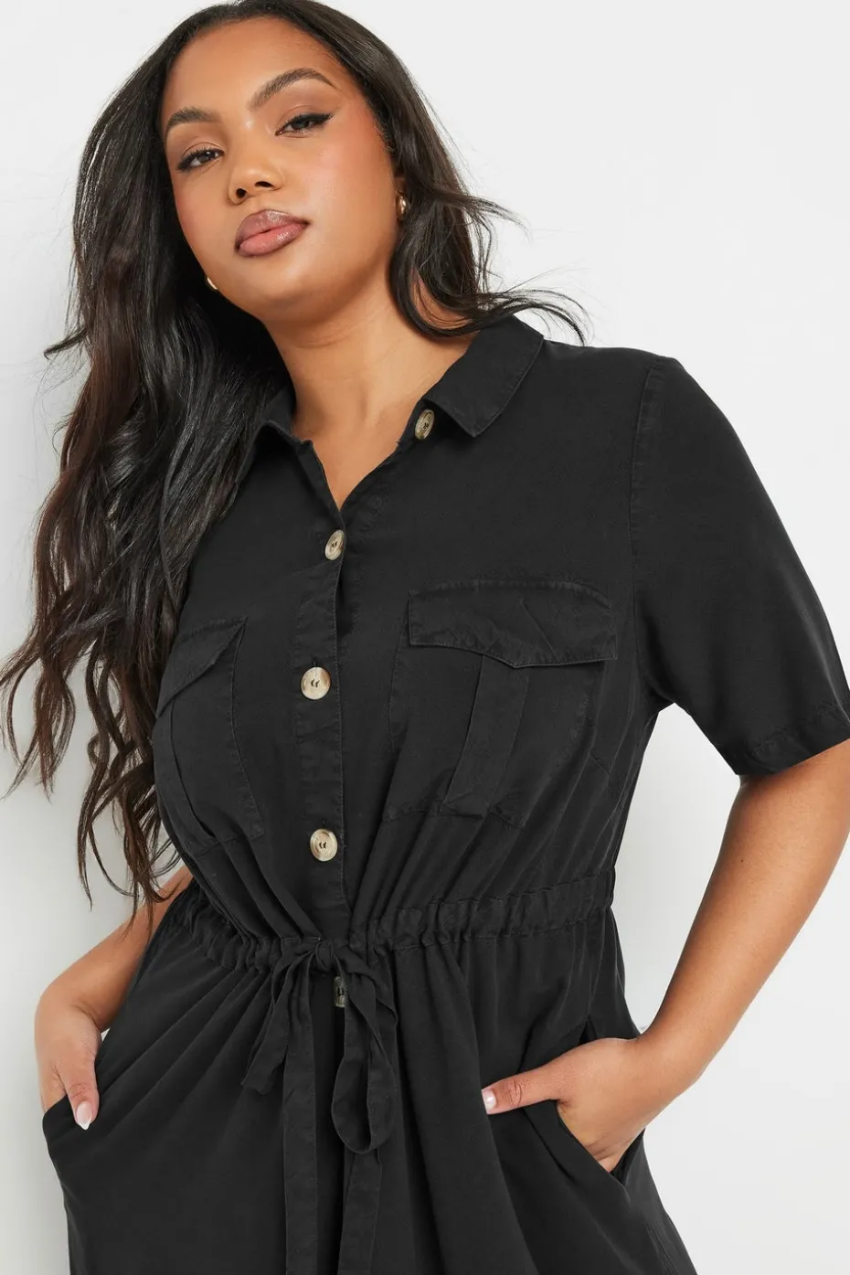 Yours Curve Black Tie Waist Chambray Shirt Dress