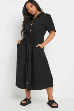Yours Curve Black Tie Waist Chambray Shirt Dress