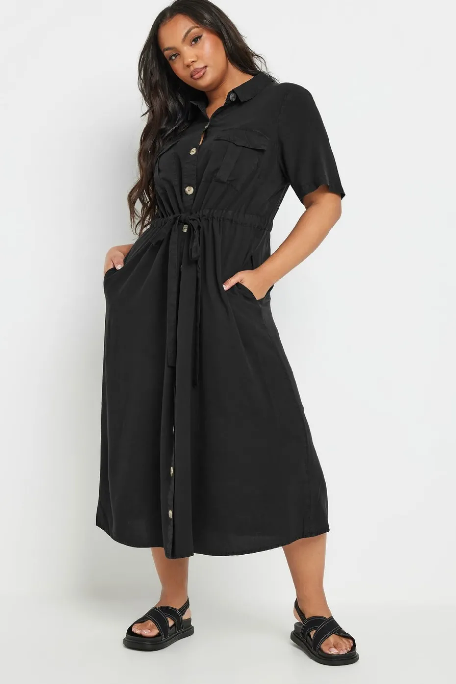 Yours Curve Black Tie Waist Chambray Shirt Dress