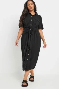 Yours Curve Black Tie Waist Chambray Shirt Dress