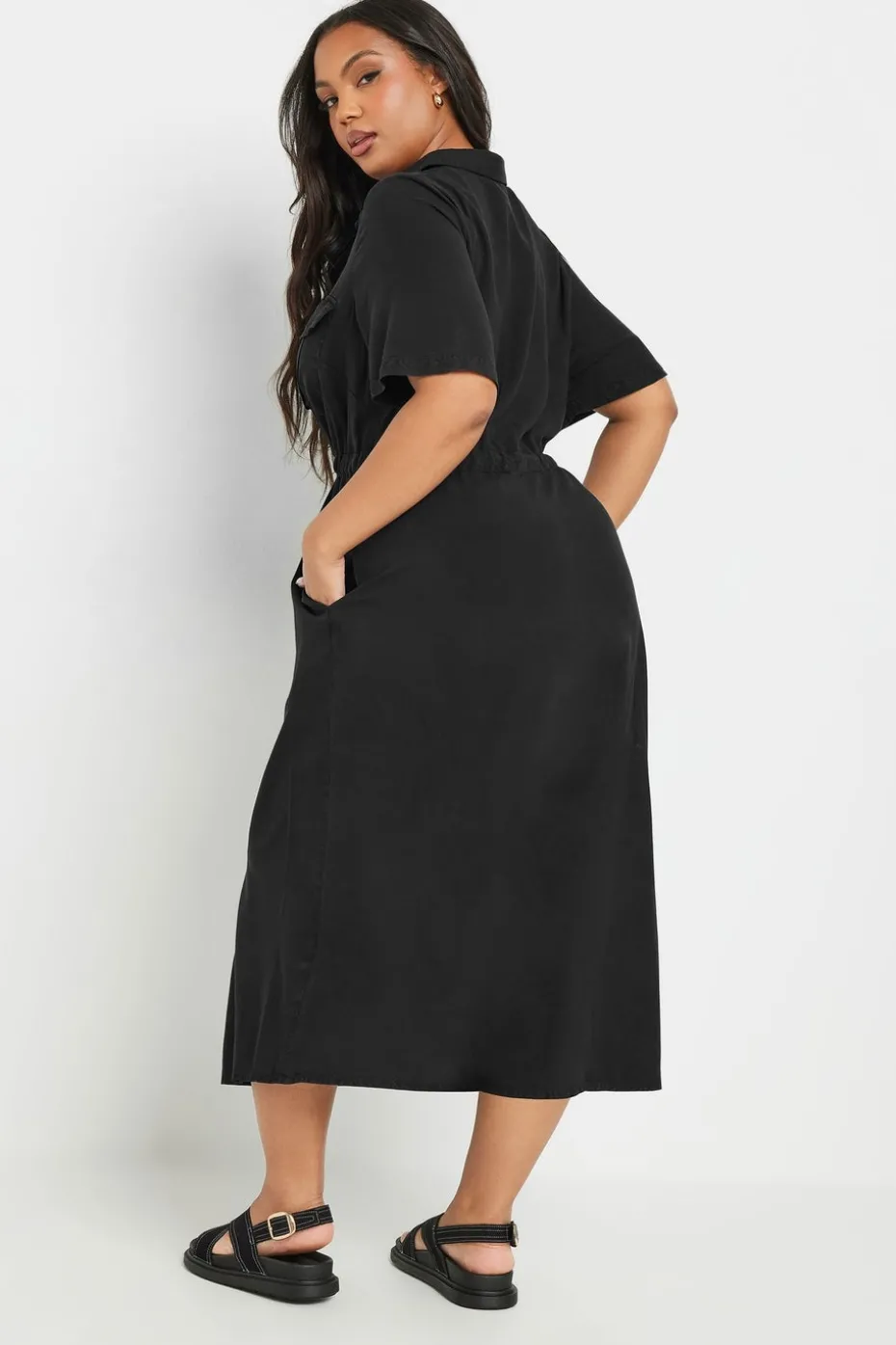 Yours Curve Black Tie Waist Chambray Shirt Dress