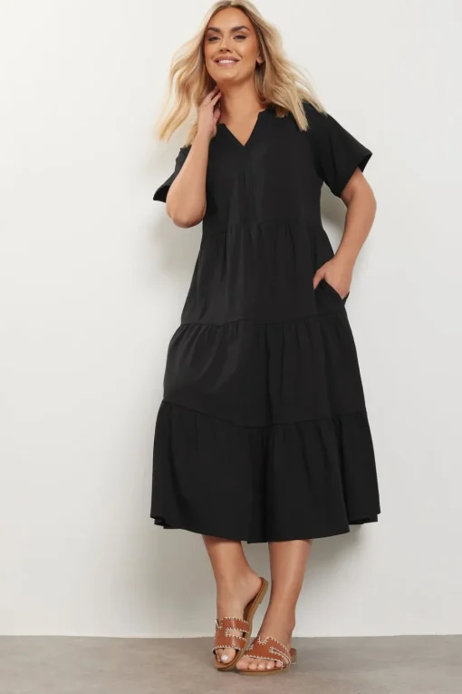 Yours Curve Black Tiered Cotton Midaxi Dress