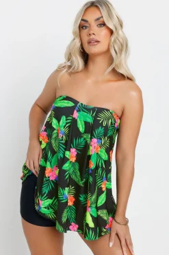 Yours Curve Black Tropical Print A-Line Tankini Top