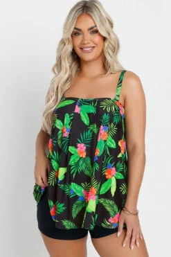 Yours Curve Black Tropical Print A-Line Tankini Top