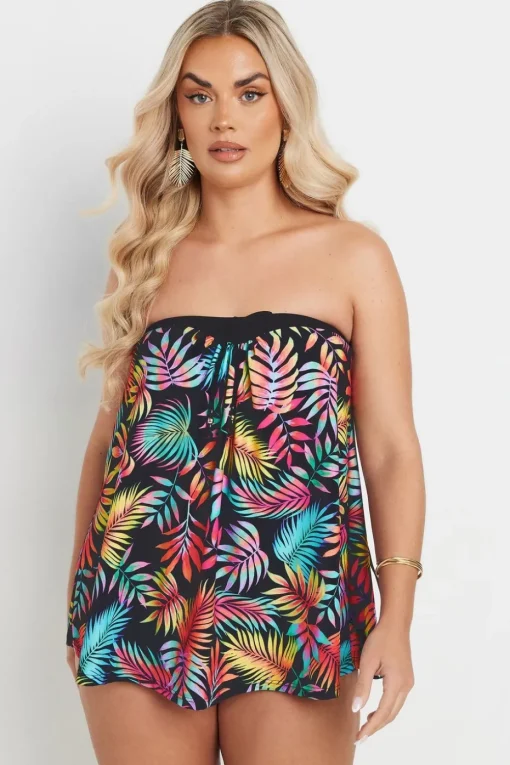 Yours Curve Black Tropical Leaf Print Tankini Top