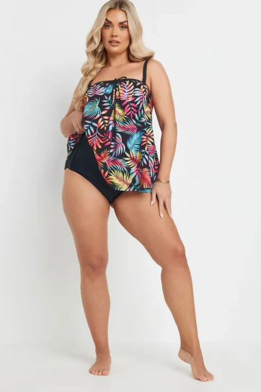 Yours Curve Black Tropical Leaf Print Tankini Top