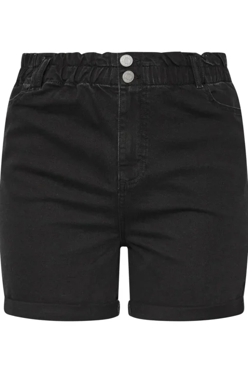 Yours Curve Black Washed Elasticated Waist Turn Up Denim Shorts