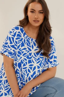 Yours Curve Blue Abstract Floral Print Boxy Short Sleeve Blouse