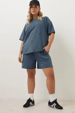 Yours Curve Blue Acid Wash Oversized Sweat T-Shirt
