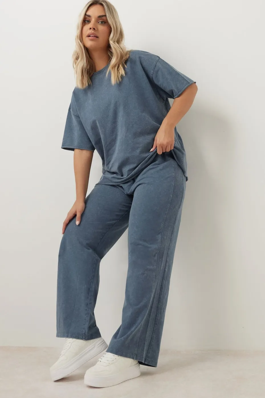 Yours Curve Blue Acid Wash Oversized Sweat T-Shirt