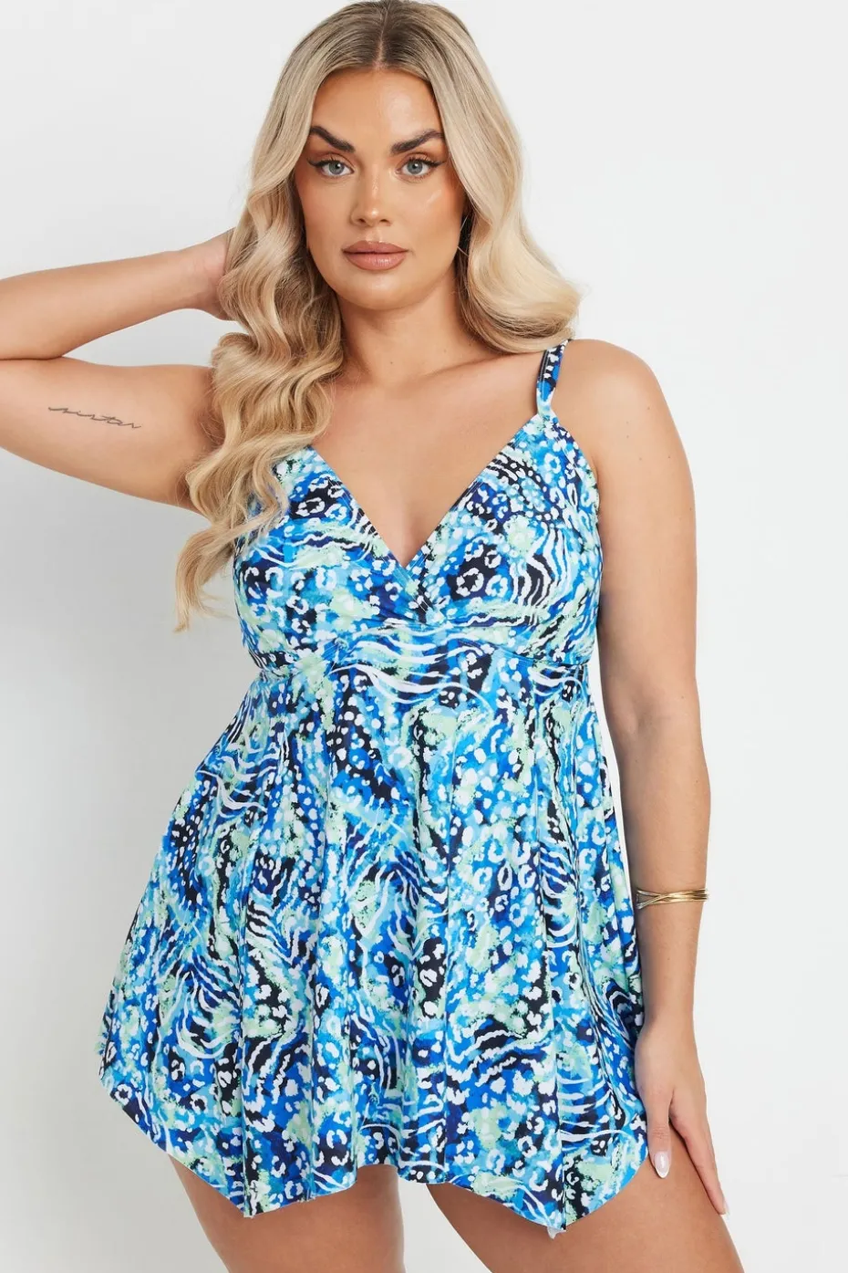 Yours Curve Blue Animal Print Wrap Tankini Top