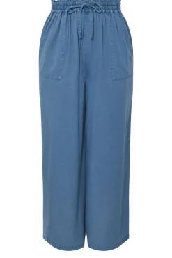 Yours Curve Blue Chambray Tie Front Wide Leg Trousers
