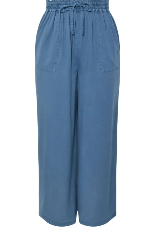 Yours Curve Blue Chambray Tie Front Wide Leg Trousers