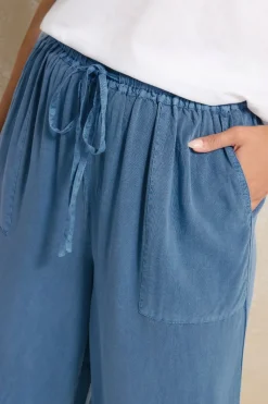 Yours Curve Blue Chambray Tie Front Wide Leg Trousers