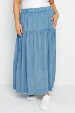 Yours Curve Blue Chambray Tiered Midi Skirt