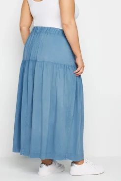 Yours Curve Blue Chambray Tiered Midi Skirt
