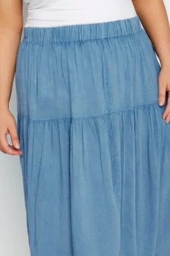 Yours Curve Blue Chambray Tiered Midi Skirt