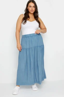 Yours Curve Blue Chambray Tiered Midi Skirt