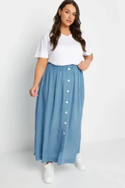 Yours Curve Blue Chambray Button Maxi Skirt